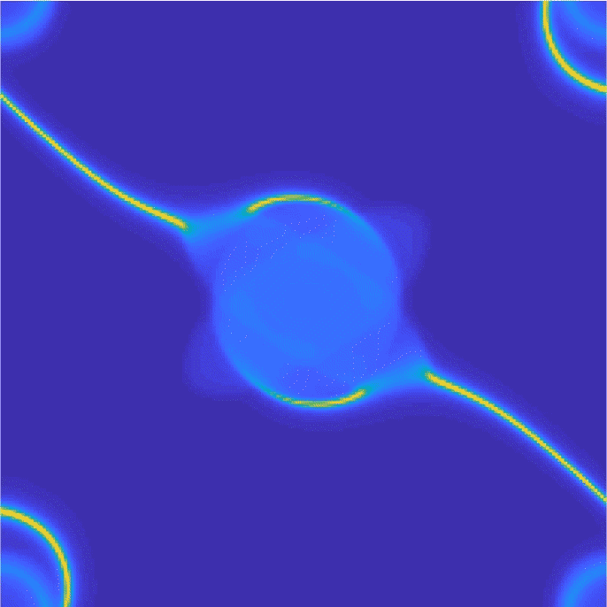 Electron distribution along chiral crystals showing two diagonal arcs at top left and bottom right
