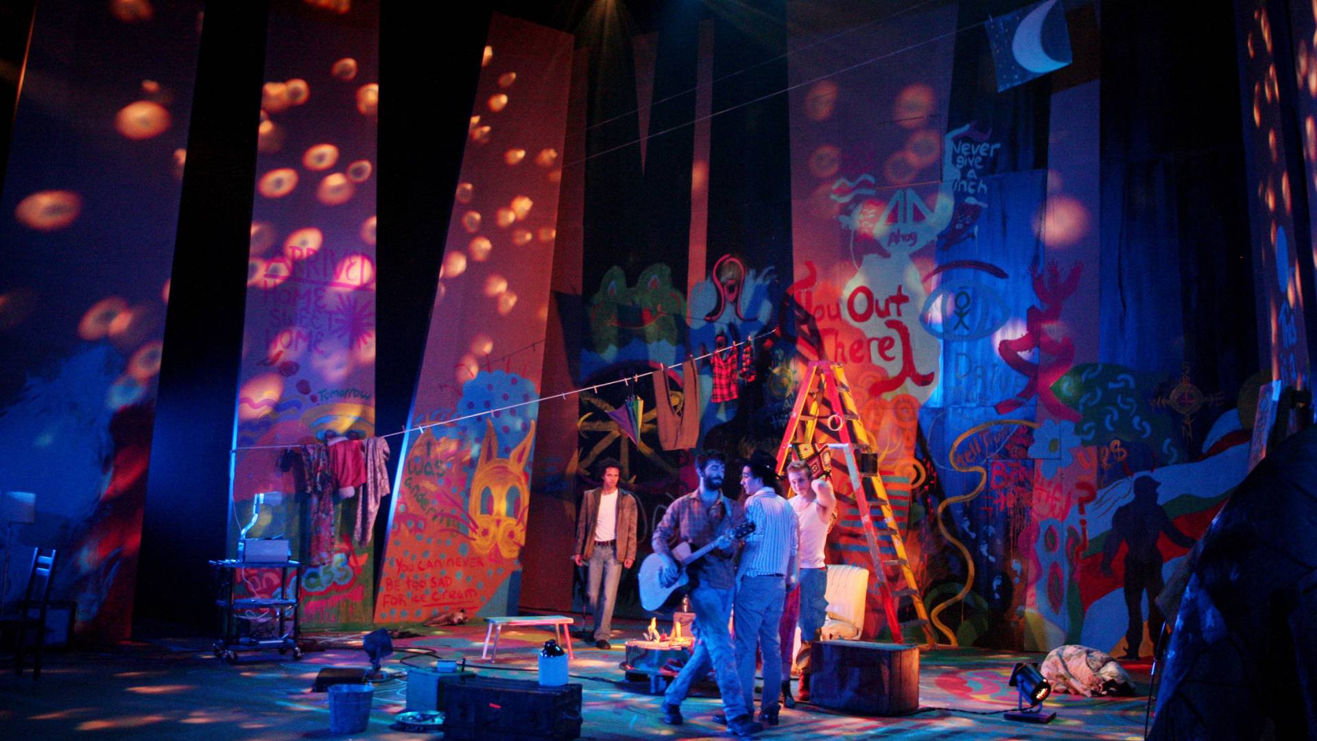 Students perform in “Eyes Up High in the Redwood Tree,” a new play loosely drawn from the life, letters, and writing of Ken Kesey, written by theater student Annika Bennett ’15