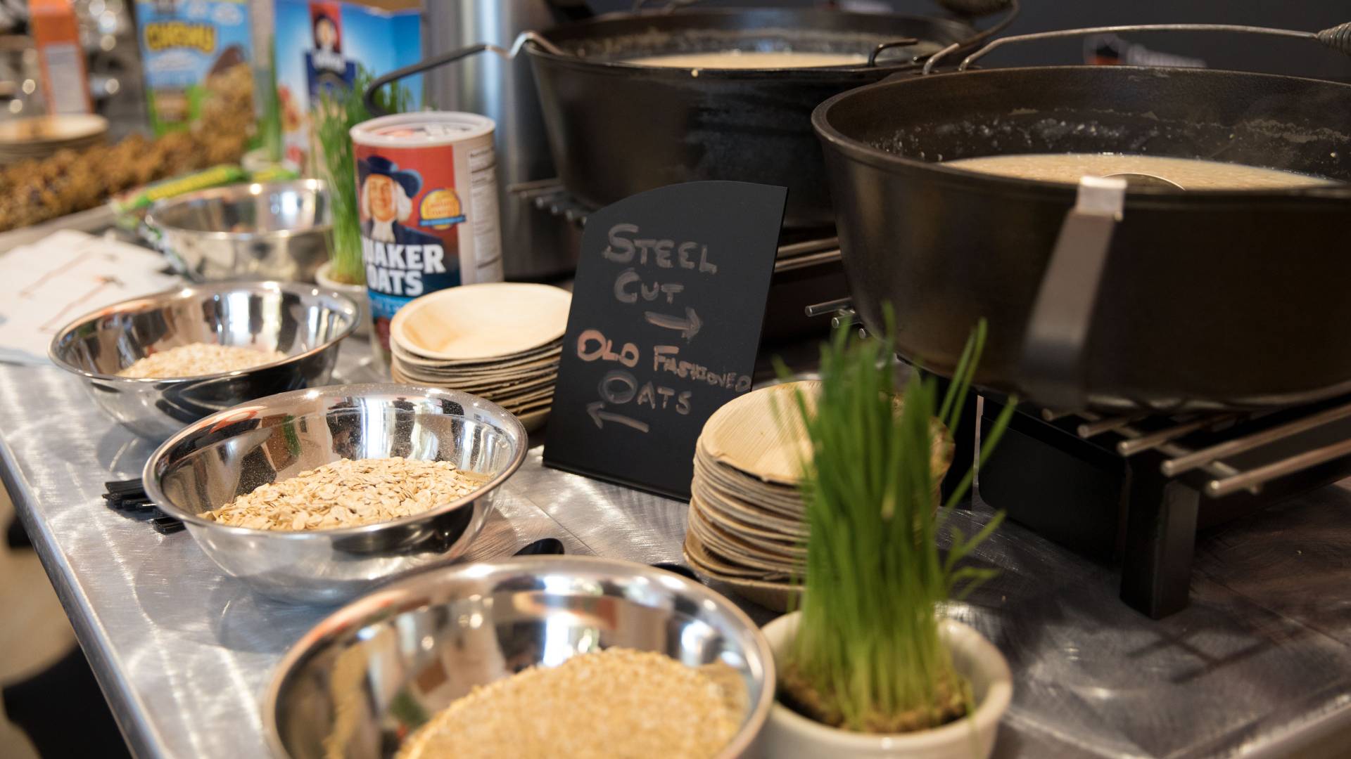 Metal bowls filled with oats