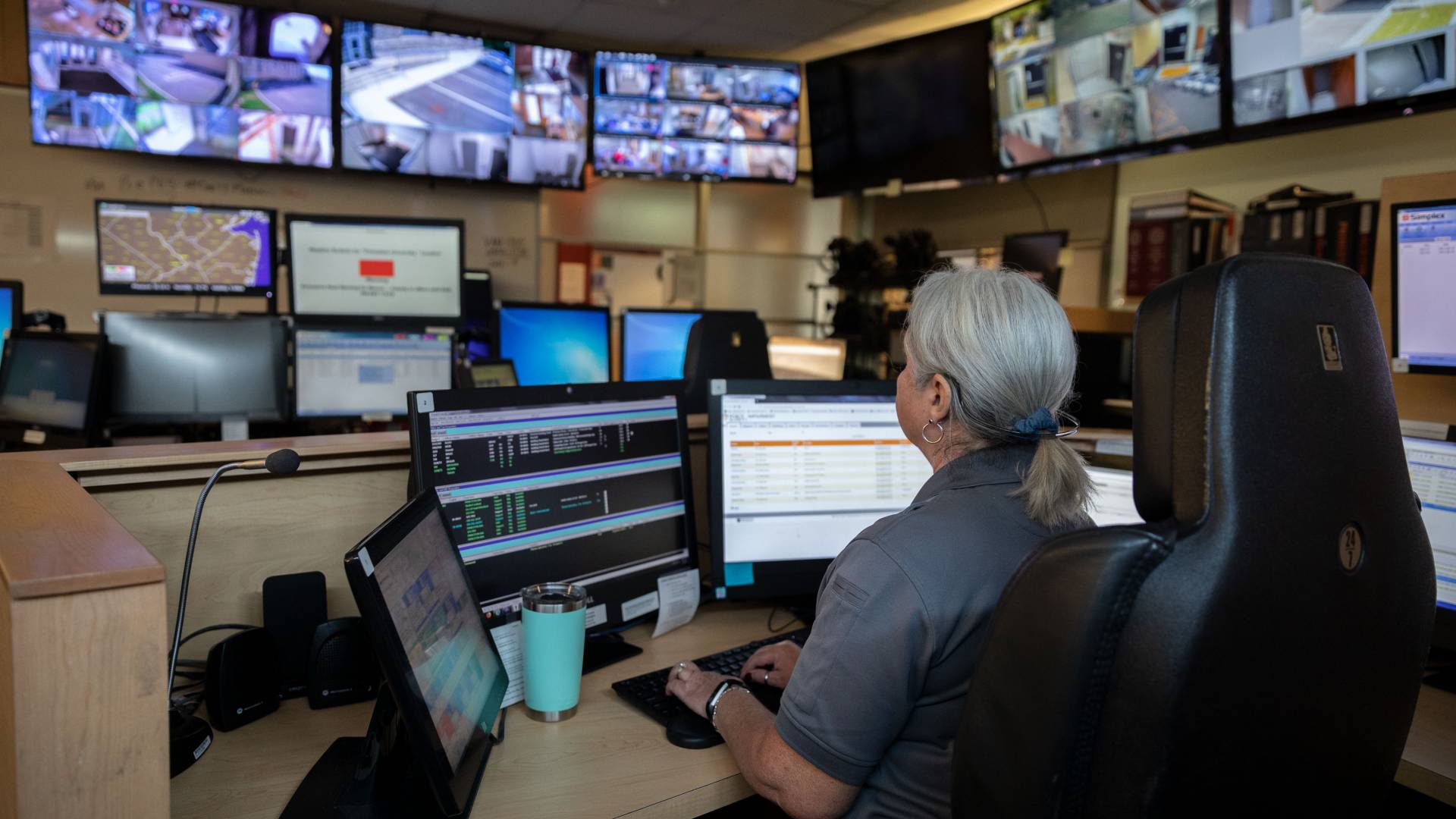Dispatcher Terri Vandegrift monitors emergency calls and campus security operations