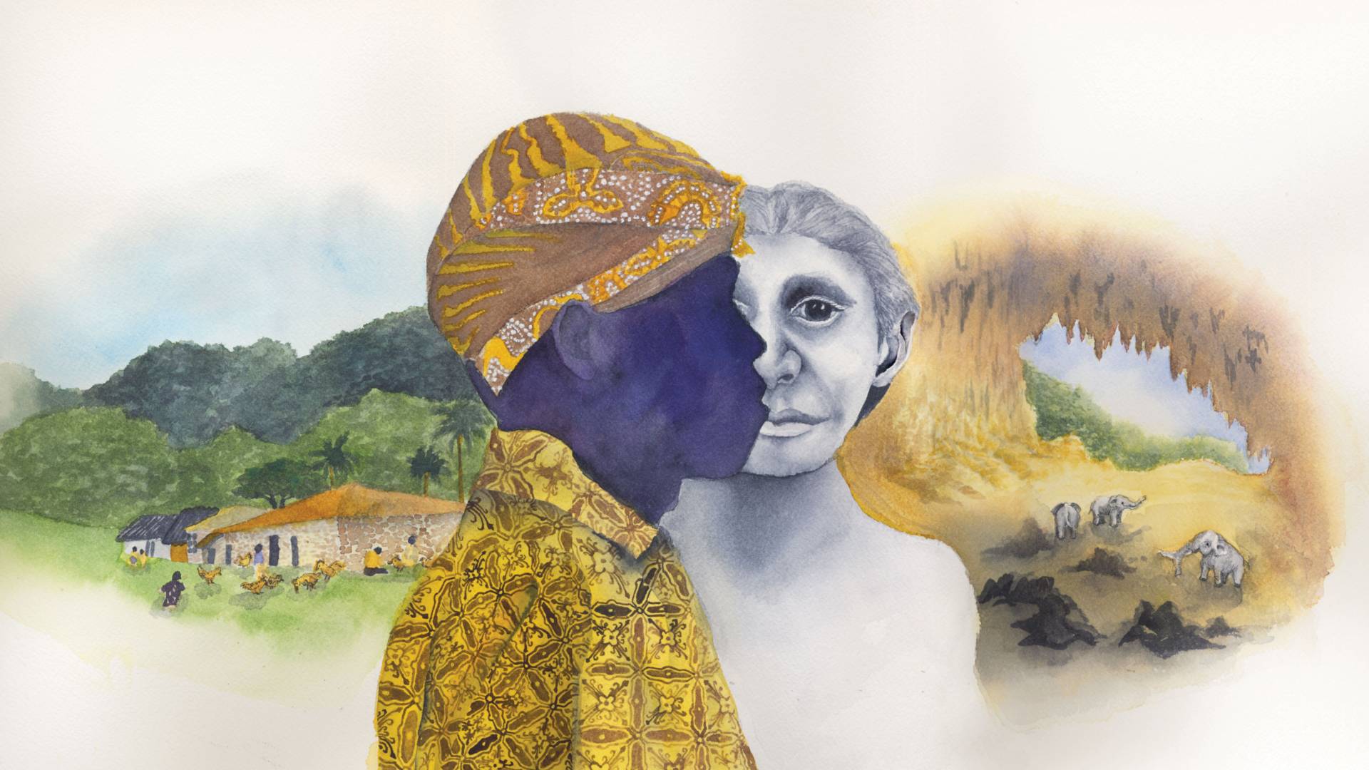 Illustration of Flores village, pygmy, Homo florensiensis, and cave