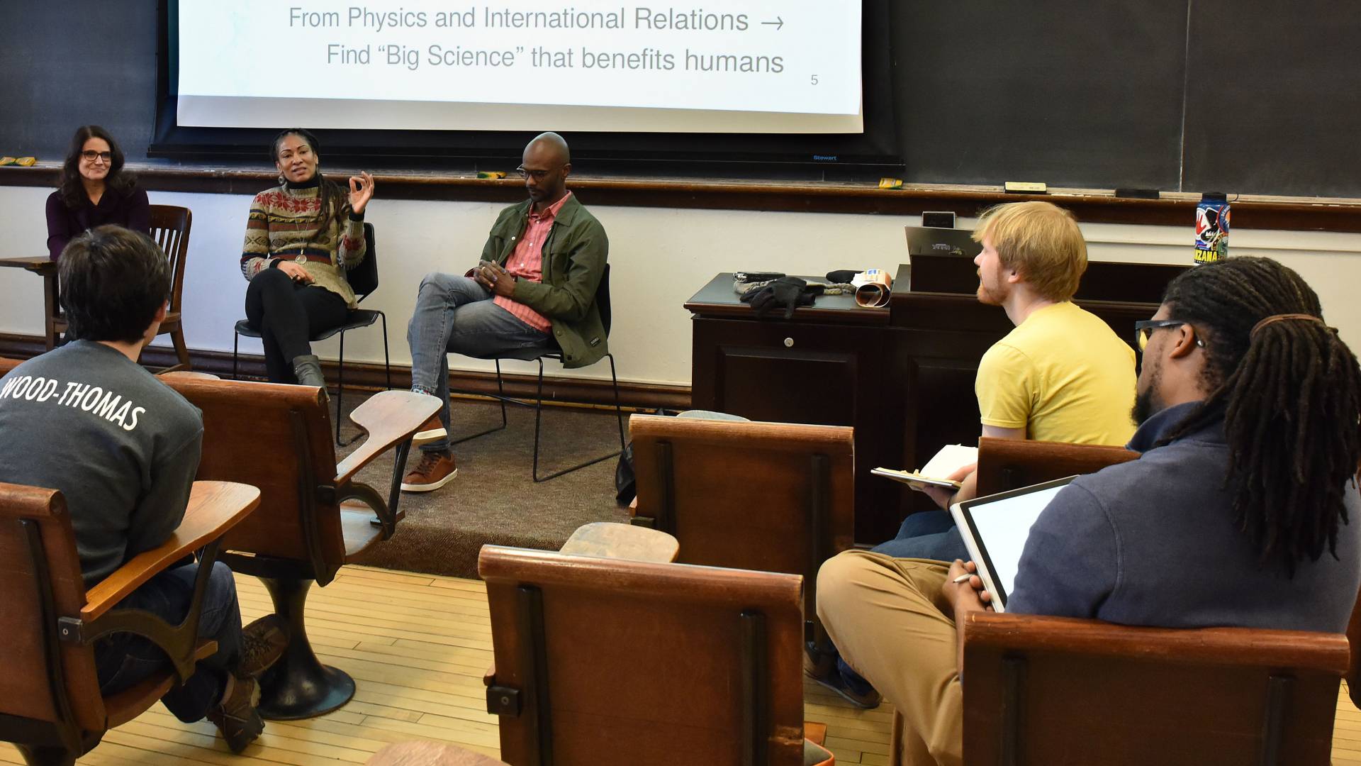 Susanne Killian, Ruha Benjamin and Sama Ahmed speaking to students during Wintersession class