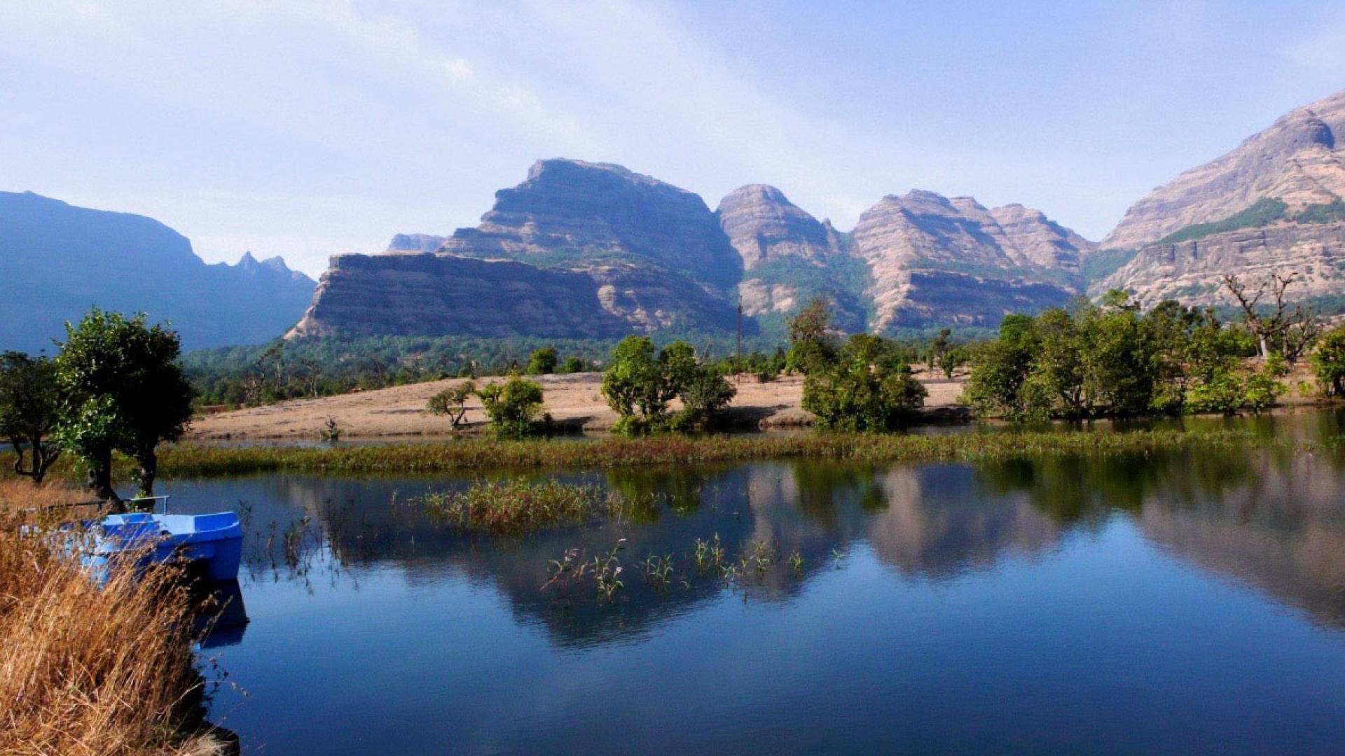 Vista of volcanoes and lake in India