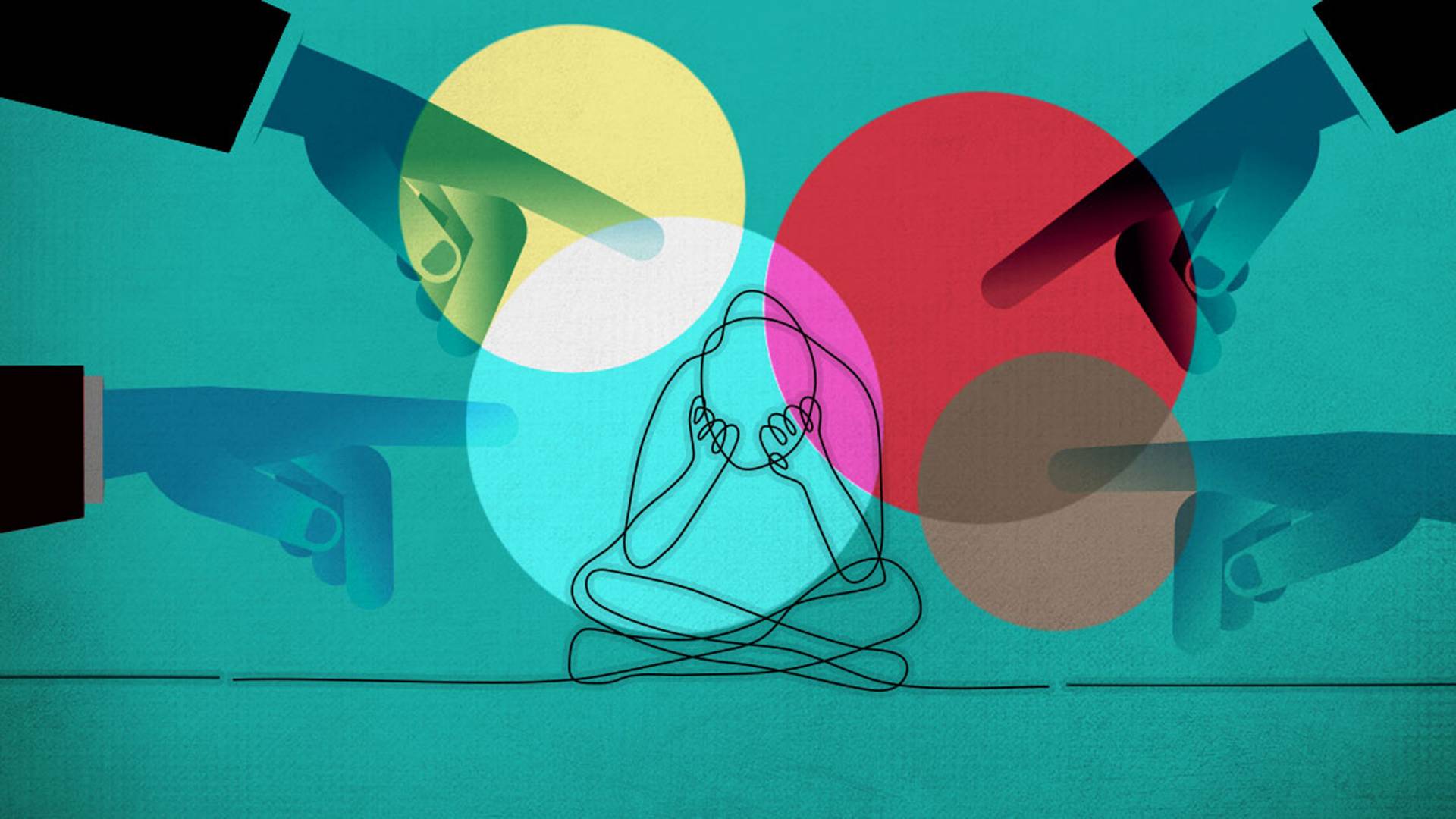 Graphic showing an outline of a person sitting, with head in hands while large hands point at them