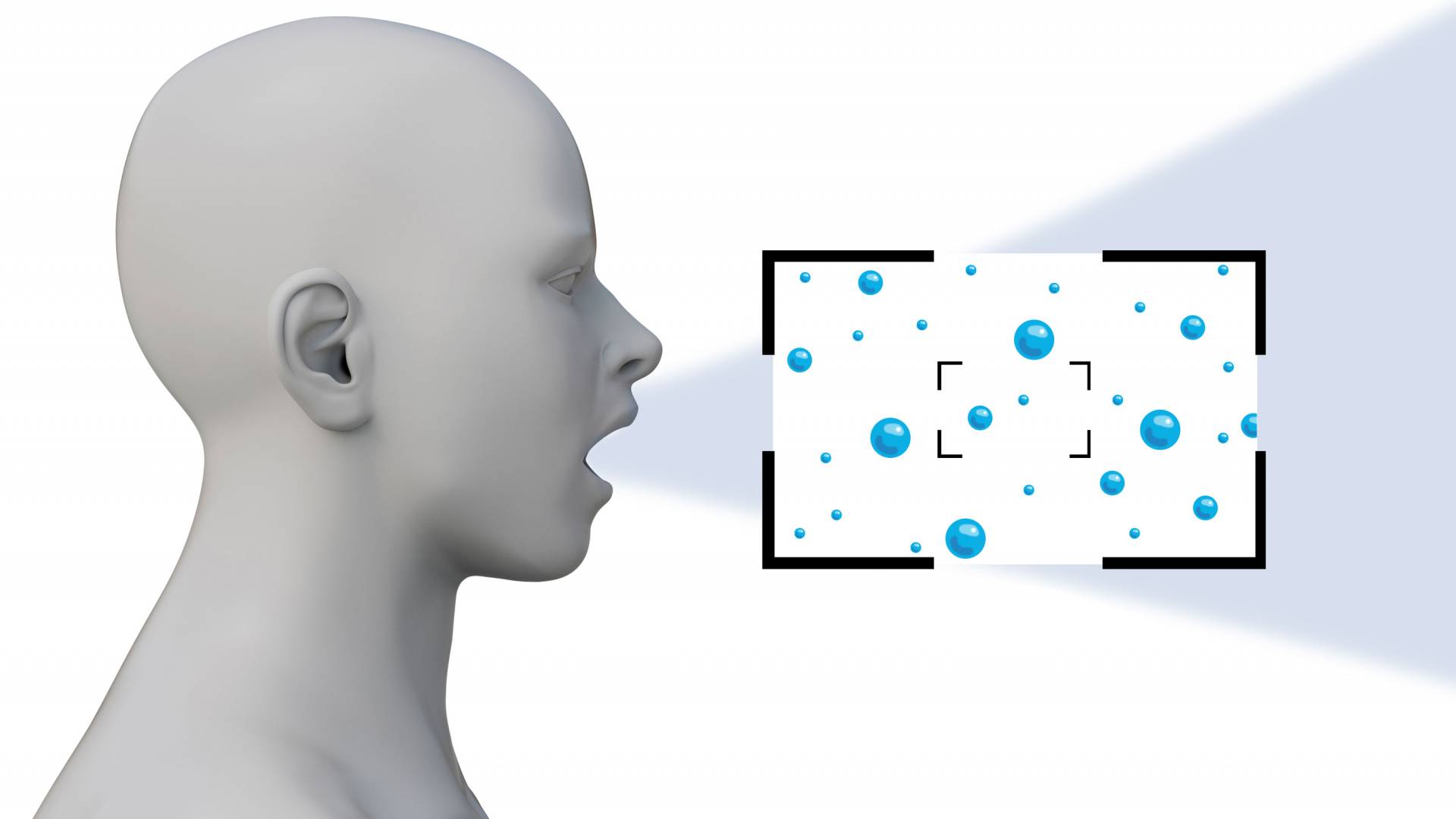 A head with its mouth open emits droplets and a magnified view