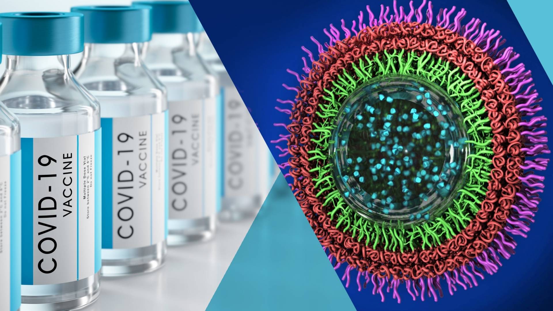 bottles labeled "COVID vaccine" and an illustration of organic thing