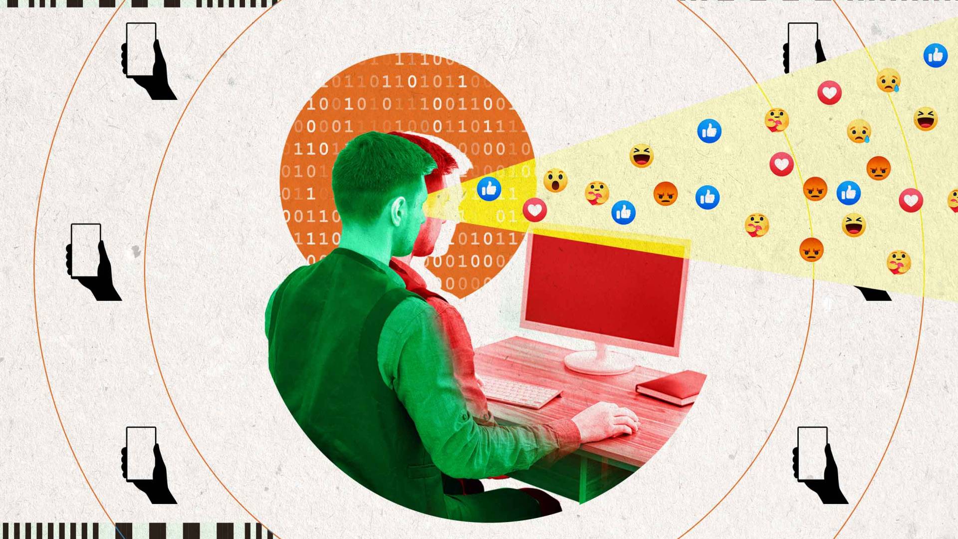 a man looking at a laptop screen with social media icons in his sightline