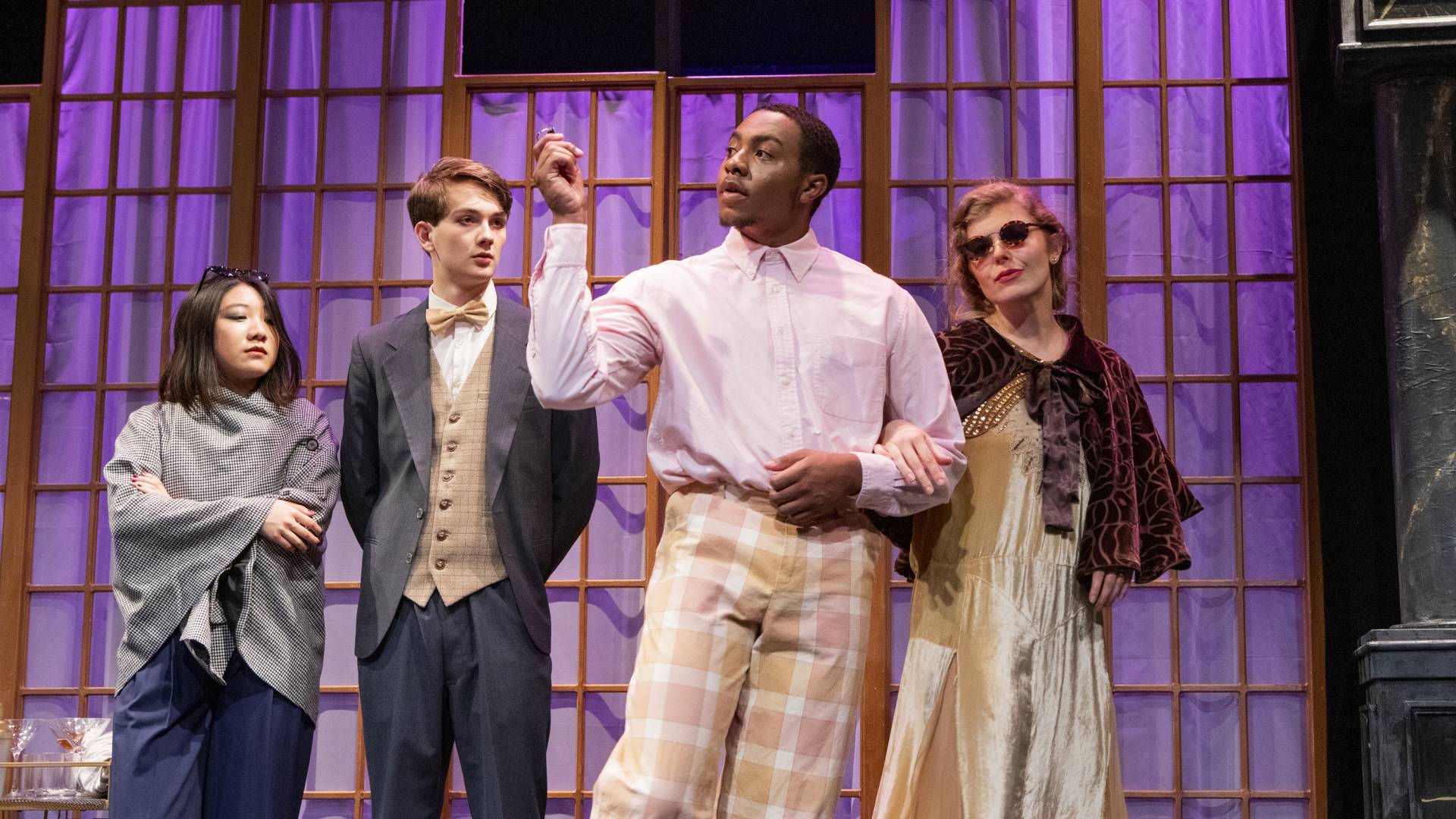 Megan Pan '23 as Jordan Baker, Jay White '24 as Nick Carraway, Xavier Jefferson as Jay Gatsby and Allison Spann '20 as Daisy Fay Buchanan.