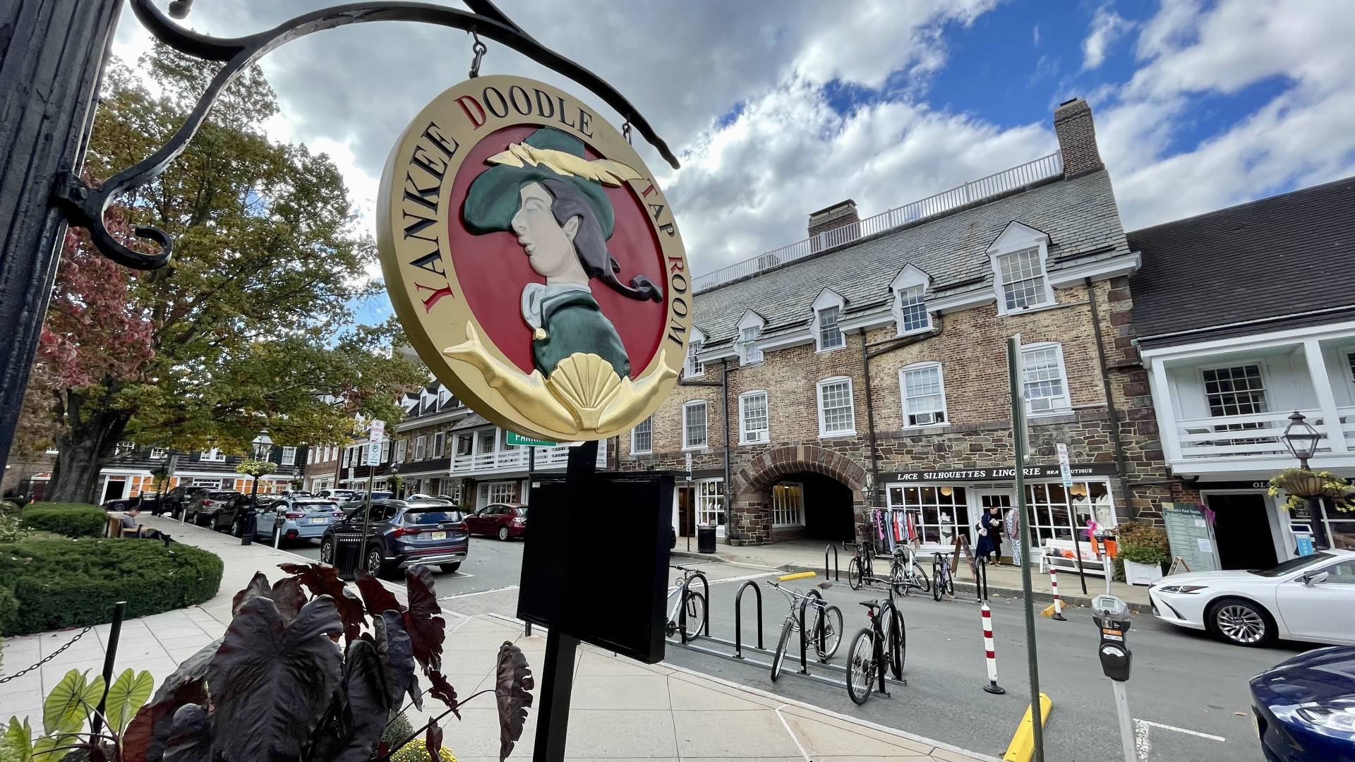 View of Palmer Square, Princeton, from in front of the Yankee Doodle Tap Room sign outside the Nassau Inn.