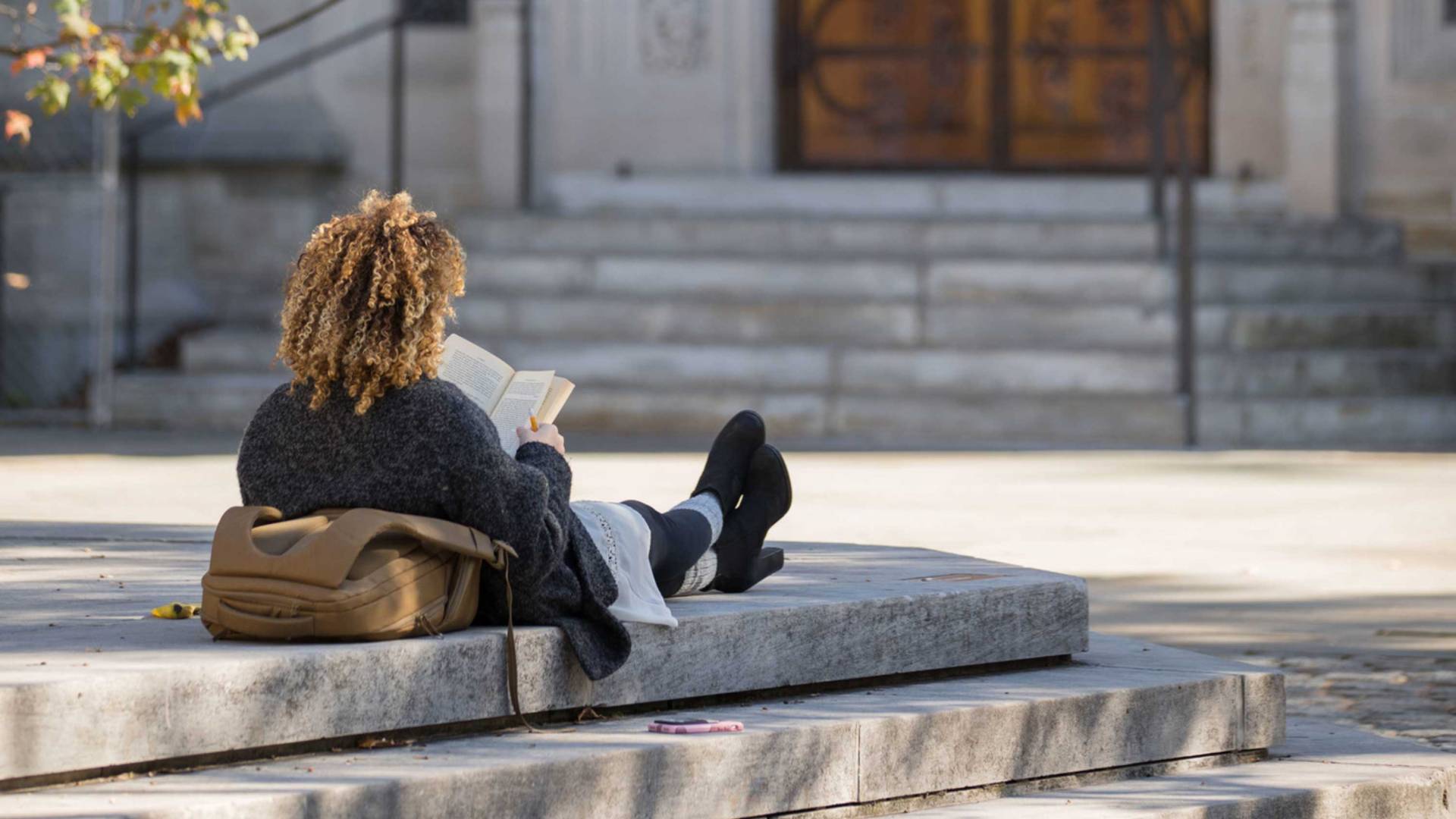 A student reads while sitting in dappled autumn sunlight