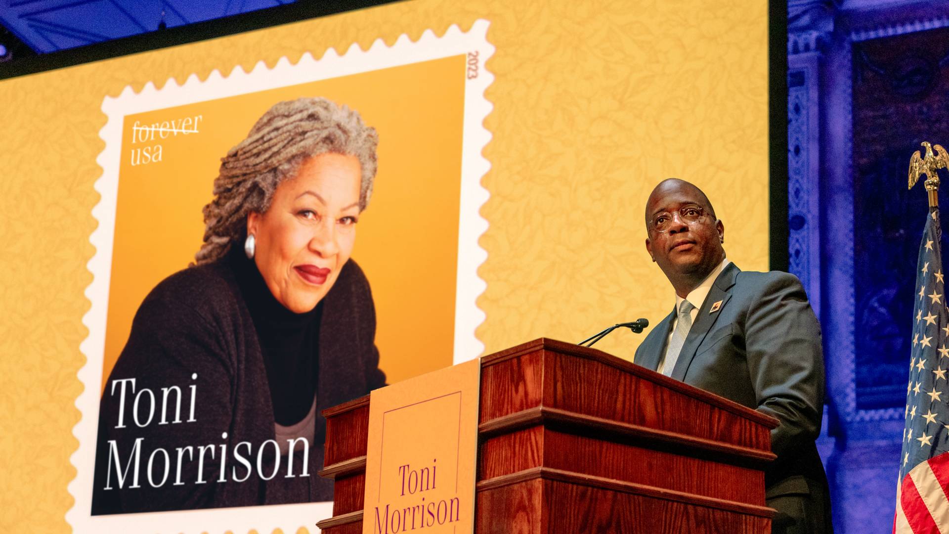 Dean Jarret giving a speech at Toni Morrison USPS stamp event