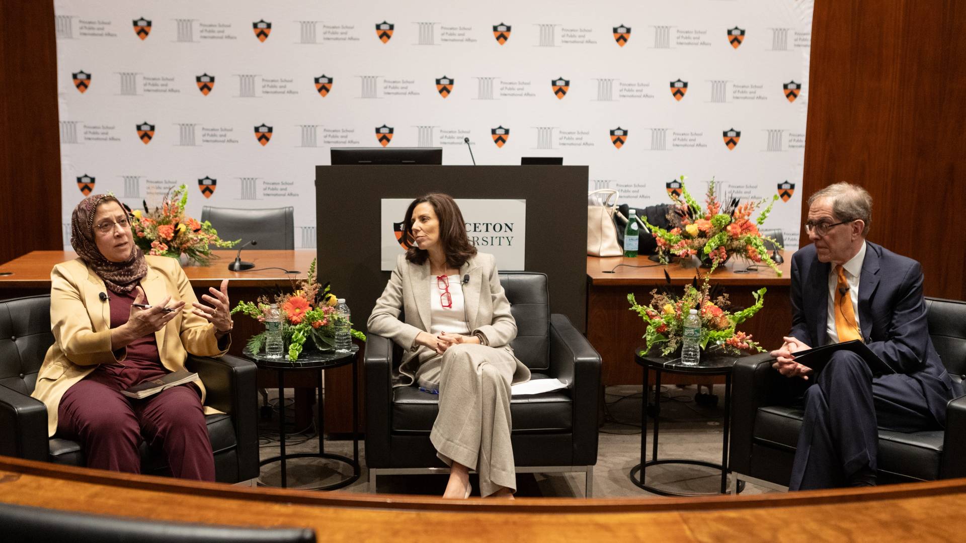 Panelists Amaney Jamal and Keren Yarhi-Milo sat on the stage at Robertson Hall with President Chris L Eisgruber moderating