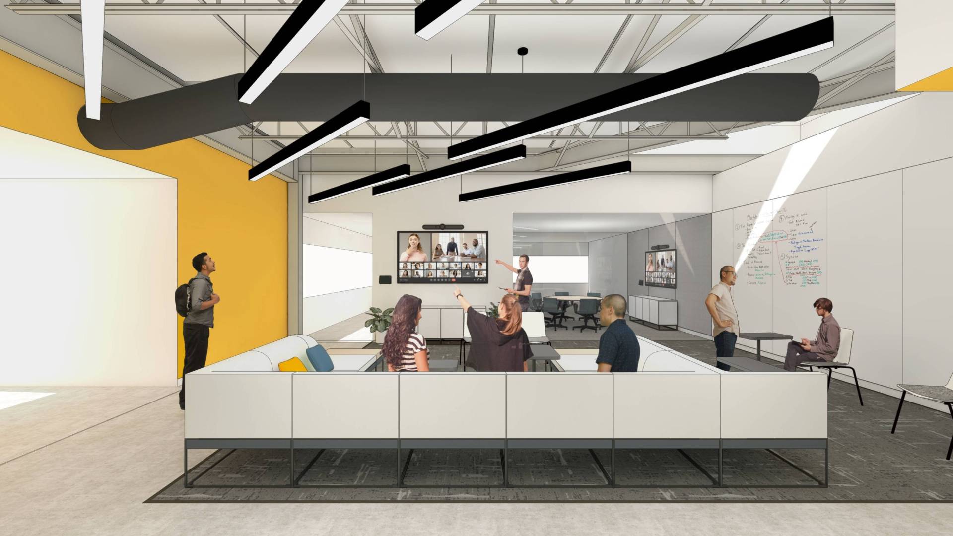 Rendering of people enjoying the NJ AI Interior lounge space