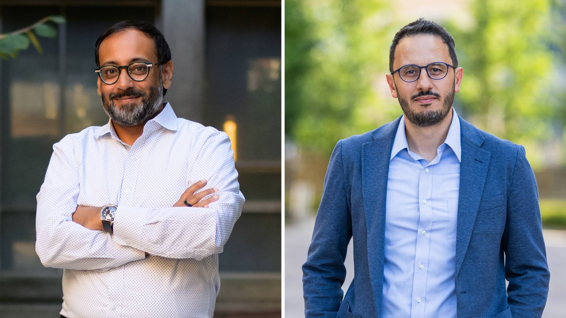 Nabarun Dasgupta and Sébastien Philippe wearing dress shirts with dark hair and beards.