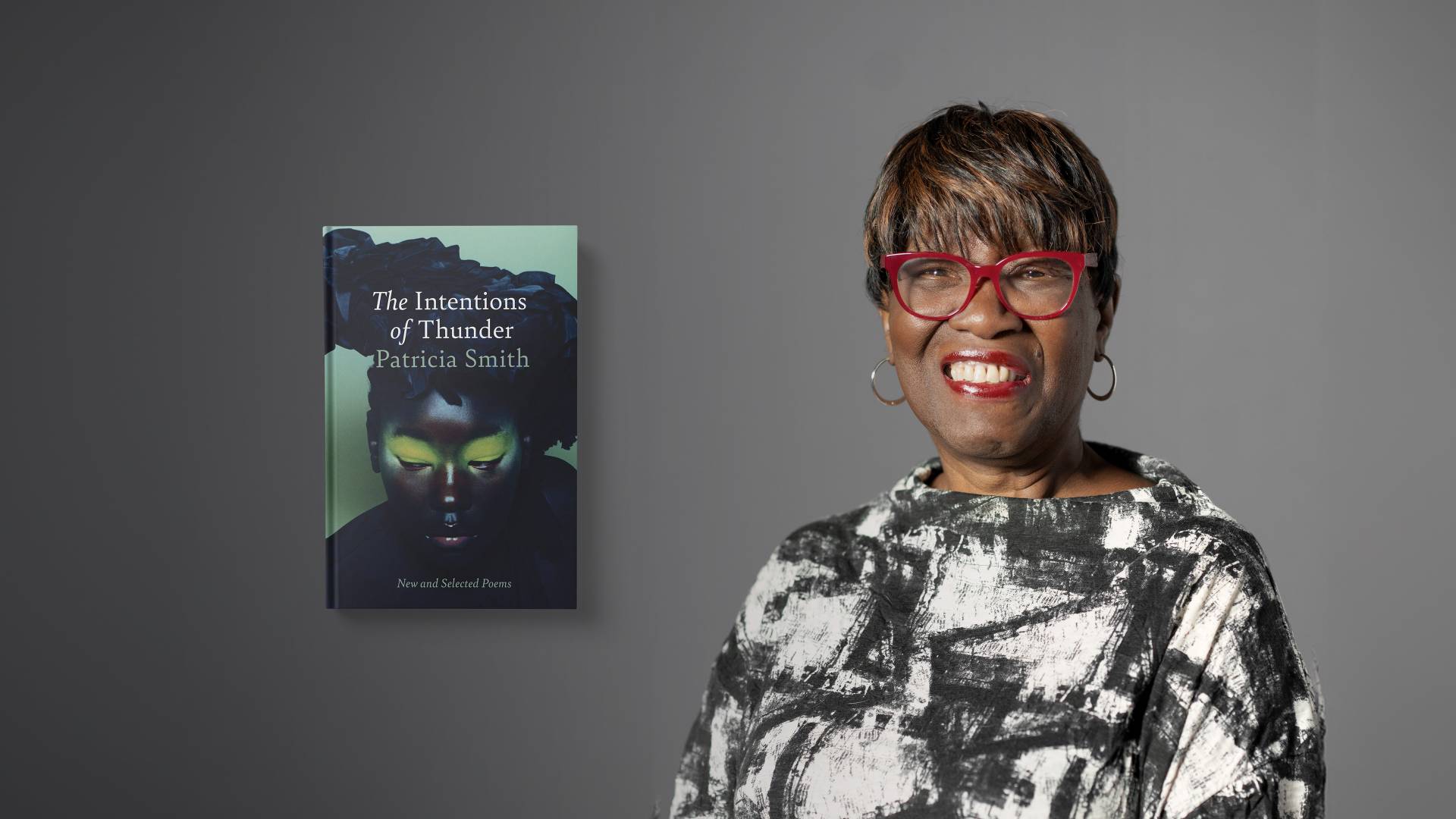 Patricia Smith pictured with her book cover "The Intentions of Thunder"