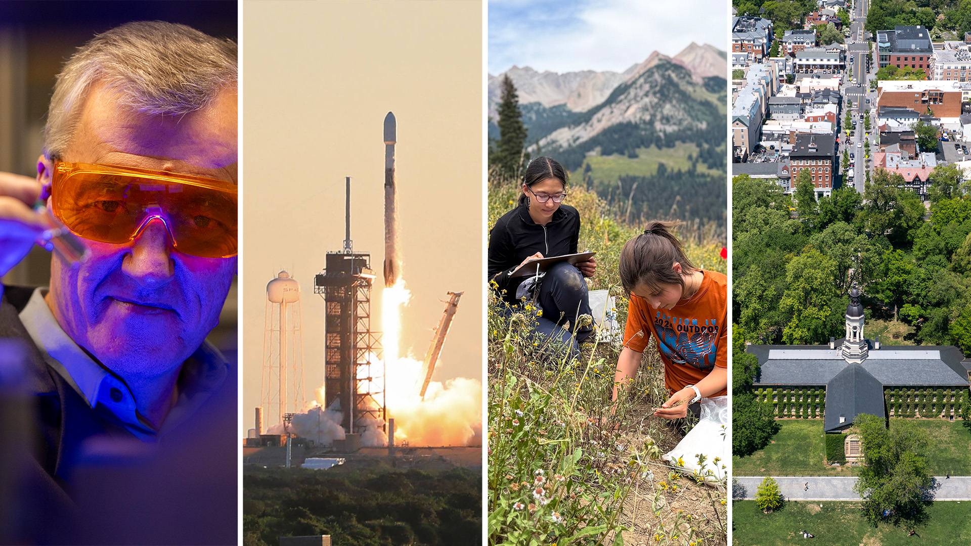 A progression showing a science lab, a rocket, field work in biology, and the Municipality of Princeton