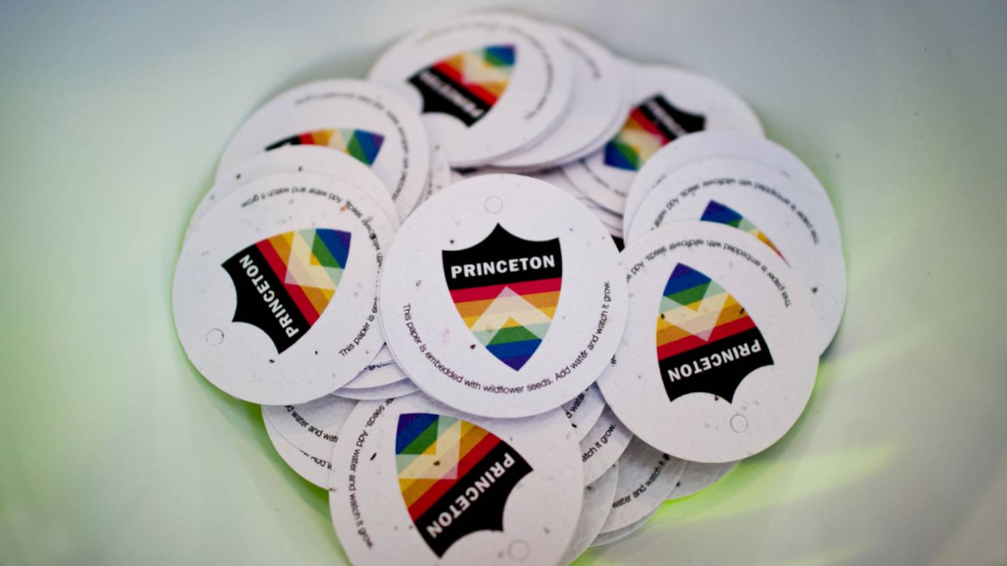 Pile of buttons with Princeton shield and rainbow colors "this paper is embedded with wildflower seeds.  Add water and watch it grow."