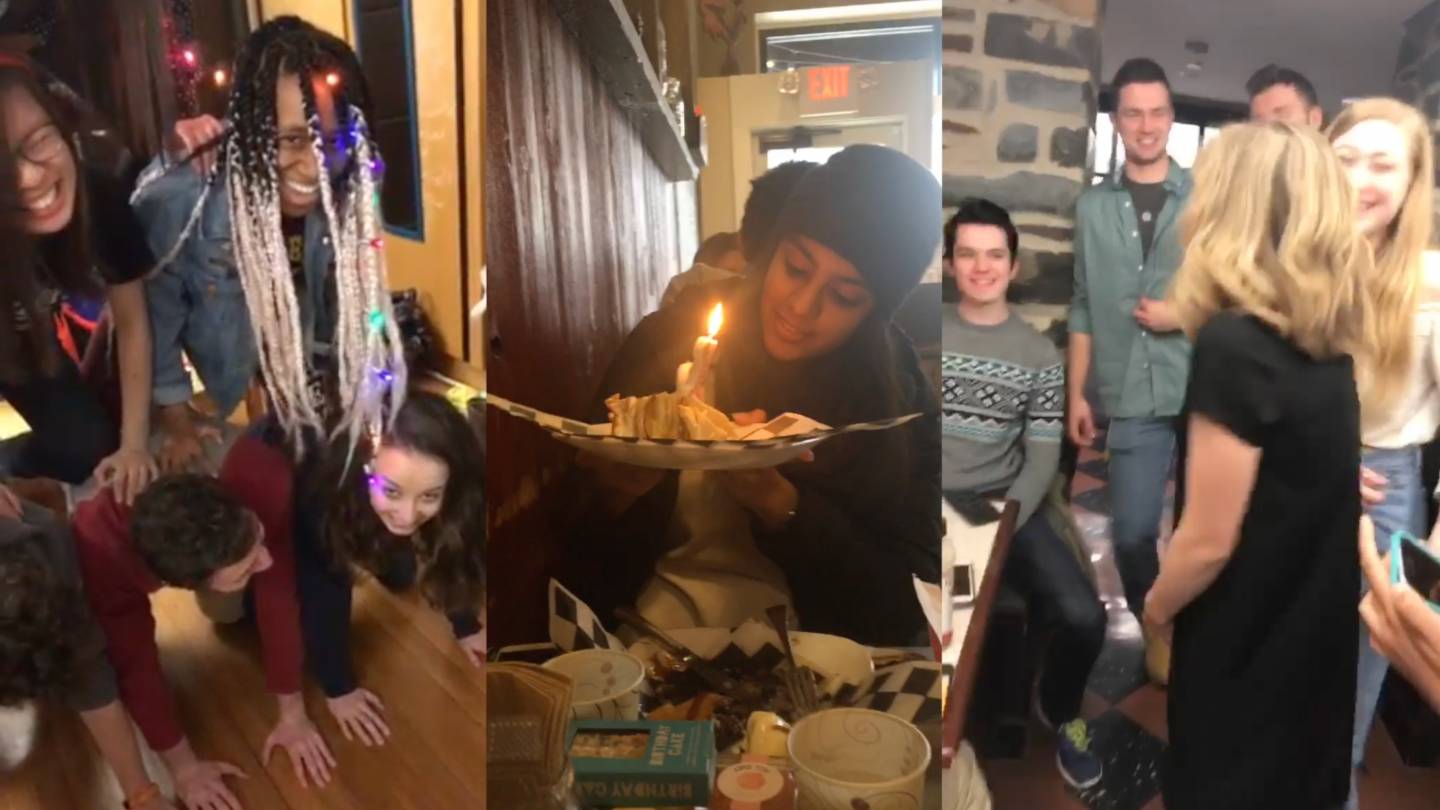 Three panels of a human pyramid, birthday parties