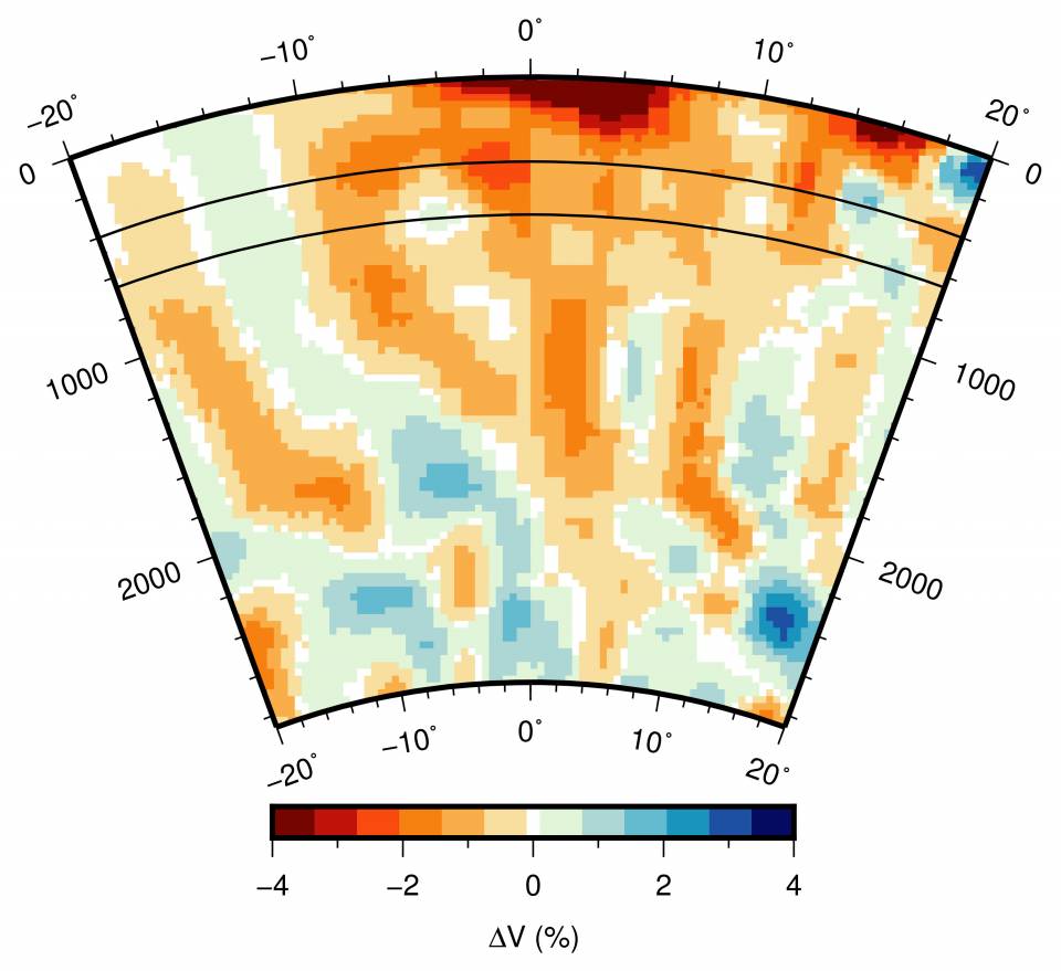 Plot showing how much slower seismic waves travel