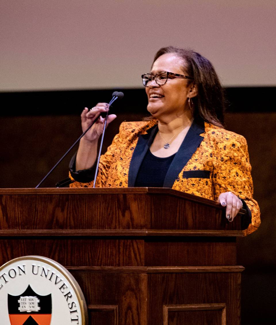 Karen Richardson speaking at podium