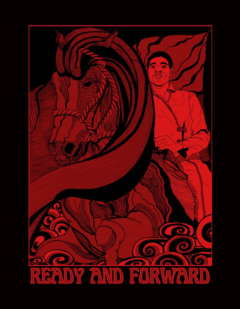 Ink drawing of a man on a horse with words, "Ready and Forward" underneath