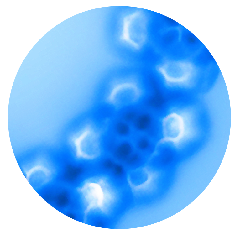 Bright white hexagons and pentagons show the atomic structure of cobalt and iron.