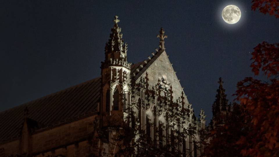 Happy Halloween moon over the chapel