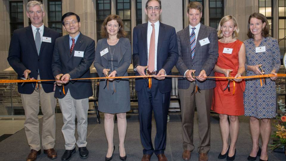 Paul Wythes Jr., Professor Yu Xie, Provost Deborah Prentice, President Christopher L. Eisgruber, John Knoll, Linda Wythes Knoll and Jennifer Wythes Vettel,
