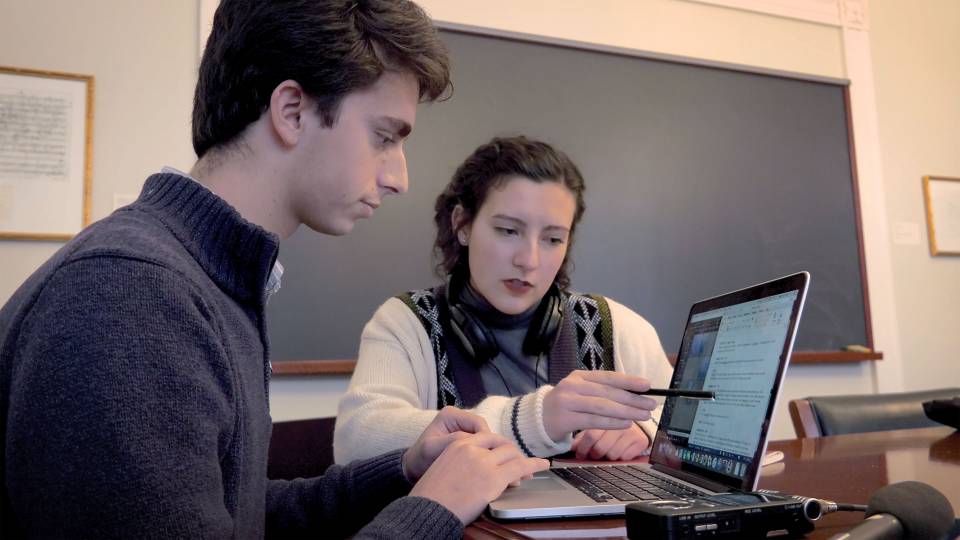 Students working together in the Radio Documentaries class