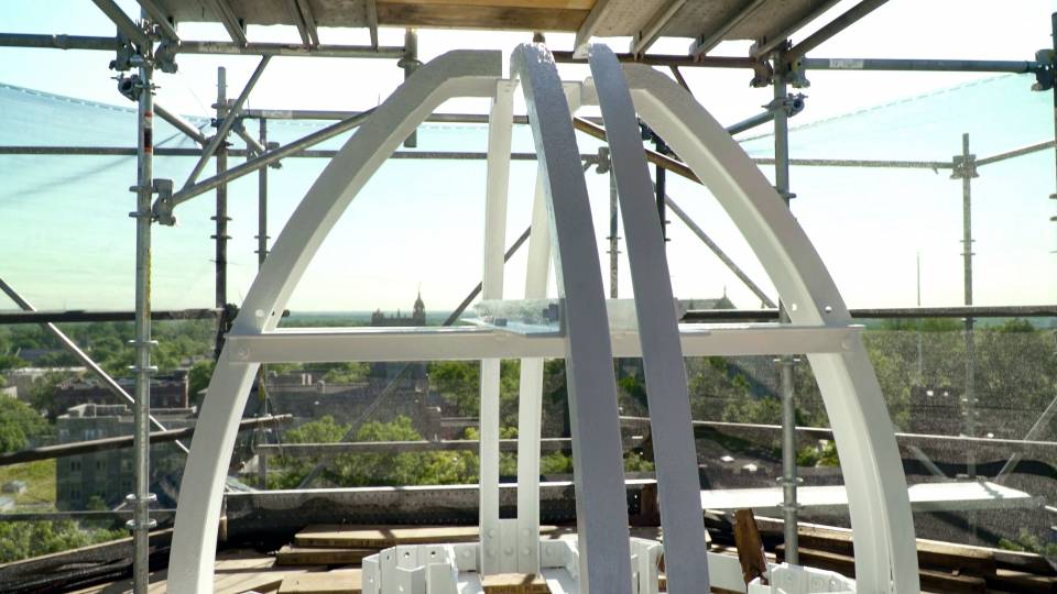 Nassau Hall cupola surrounded by scaffolding