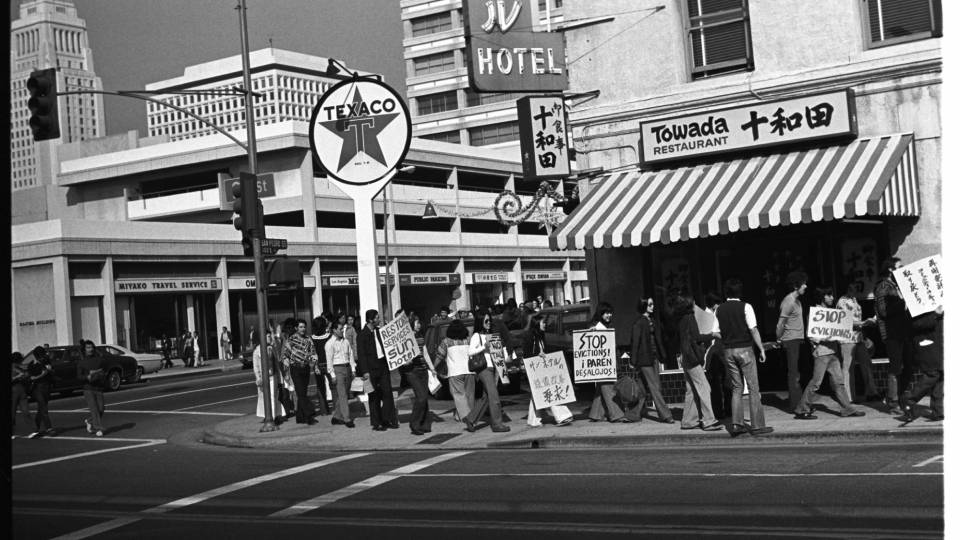 Black and white archival photograph of an organized protest