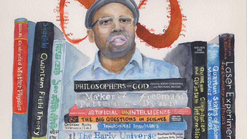 Portrait of Zahid Hasan with an infinity symbol behind him and books he will read this summer in front