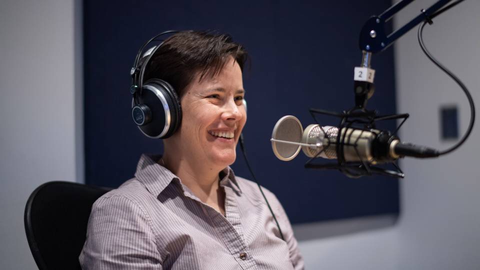 Catherine Riihimaki in a recording studio