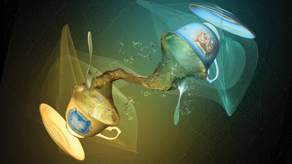 2 teacups connect their tea