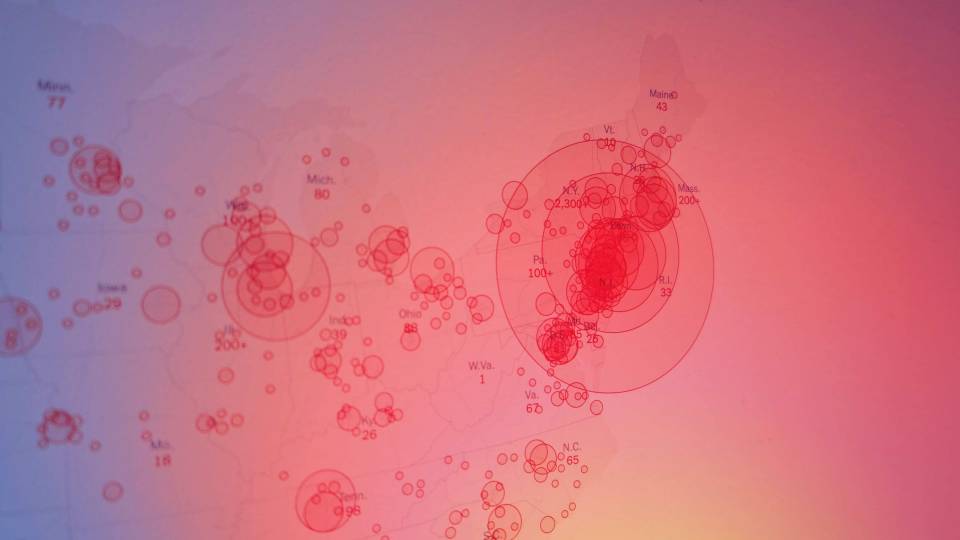 Red circles of varying sizes around different areas on a U.S. map