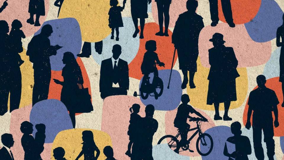 Silhouttes of people on a multicolored background