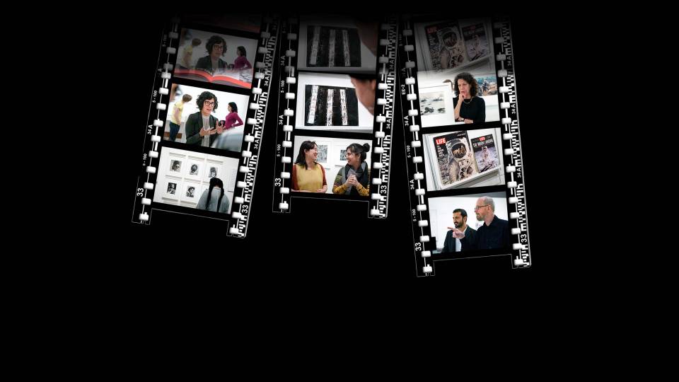 Photo illustration of students and faculty interacting with exhibit