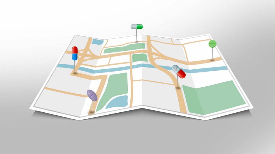 map illustration with pill pins