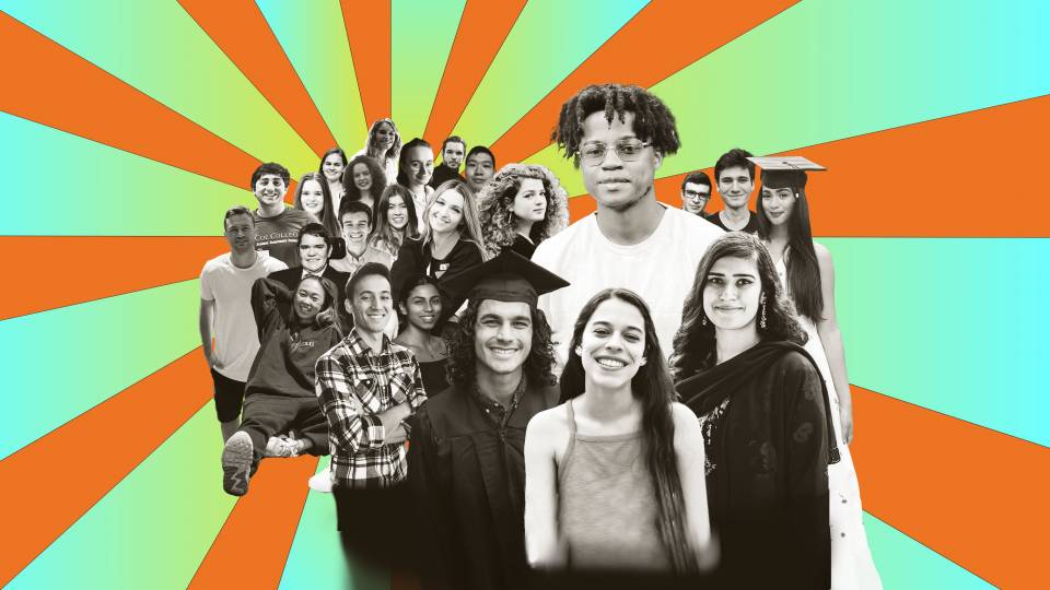 Collage of student portraits in front of graphic sun rays