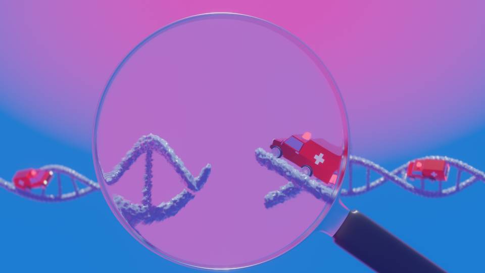 Two ambulances careen towards a broken part of a strand of DNA which is magnified by a glass