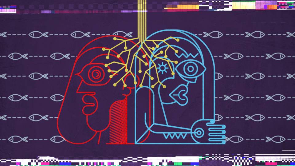 Artwork of outlined talking heads