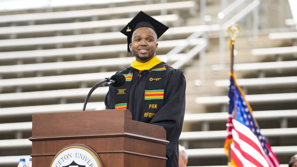 Valedictorian Nicholas Johnson speaks at the 2020 Commencement