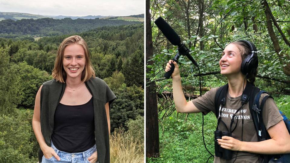 Katherine Irelan in the field and Willow Dalehite with her sound equipment