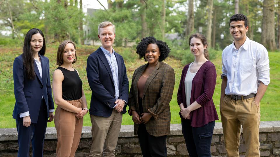 Cole Crittenden, deputy dean and acting dean of Princeton's Graduate School (third from left), at the school's Teaching Awards reception with students who were recognized for special commendations within their division, program or initiative. Shown are (from left) Soojung Han, Jacqueline Campbell, Shelby Sinclair, Katelyn Randazzo and Rajiv Sambharya. Not pictured: Merlijn Stap