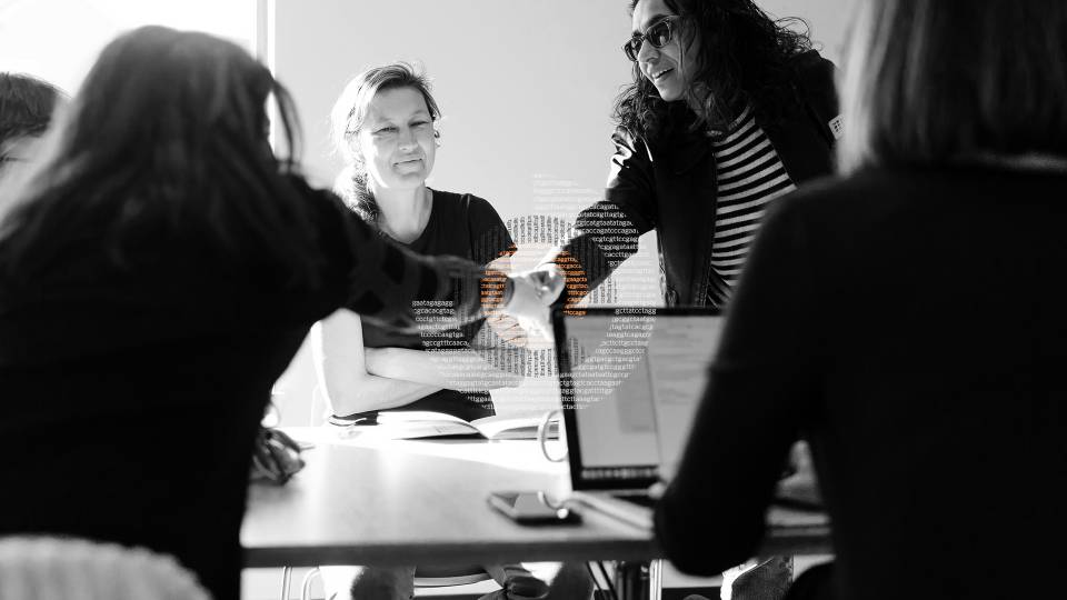 PPH researchers shaking hands with text overlays of DNA sequences