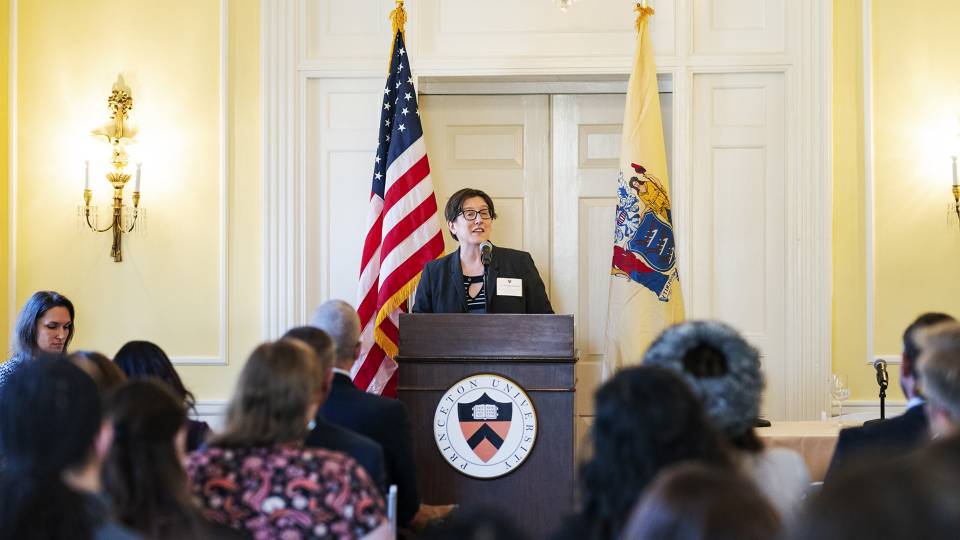 Provost Jennifer Rexford speaking at podium