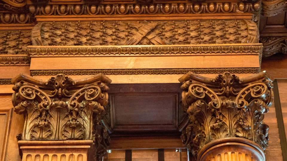 Intricately carved columns on a building on the Princeton campus.