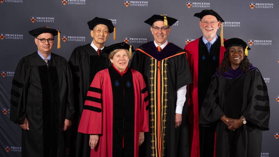 Six honorary degree recipients with President Eisgruber