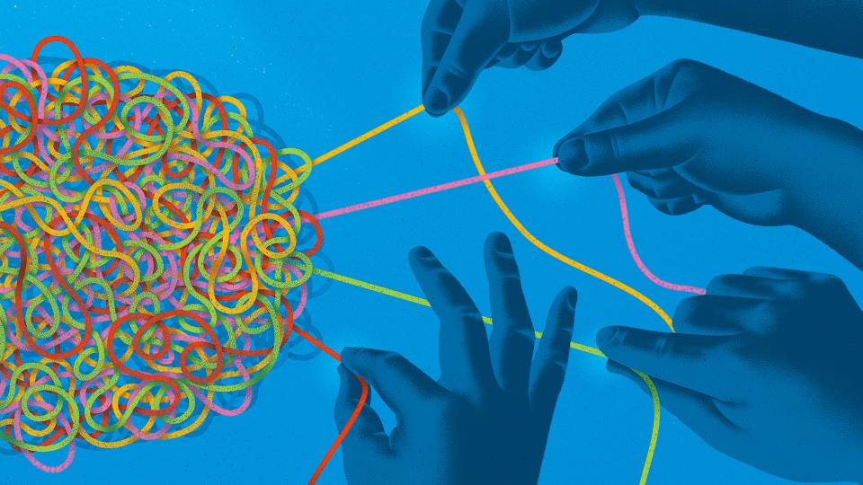 Four hands unravel distinct threads from a ball of yarn.