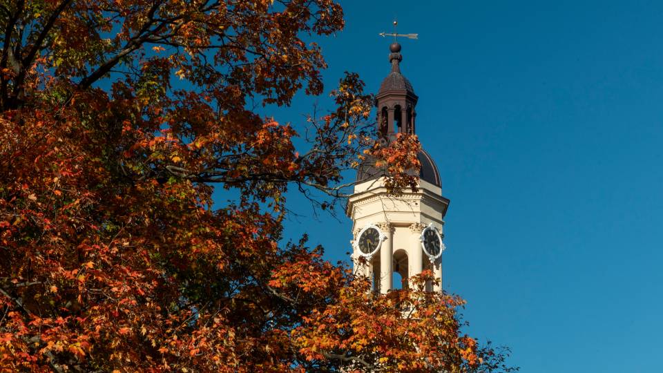 Autumn leaves in front of the cupola of Nassau Hall